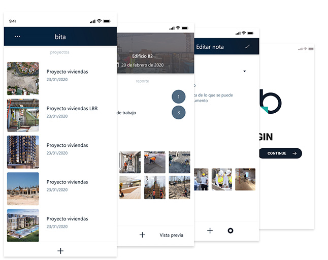 Pantallas de la app móvil Bita: proyectos, reporte y notas